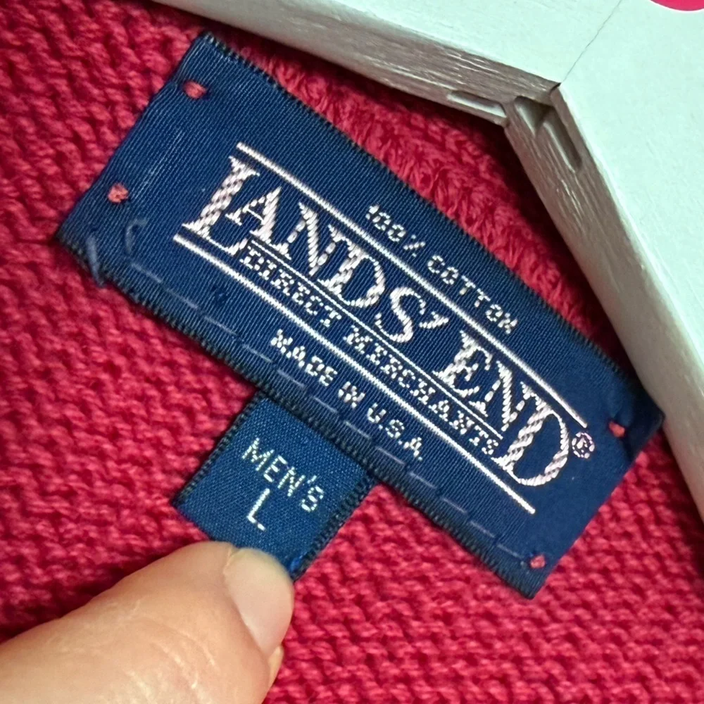 Lands' End Cardigan Cranberry Knit Button Front Soft Cotton Sweater Chunky Large